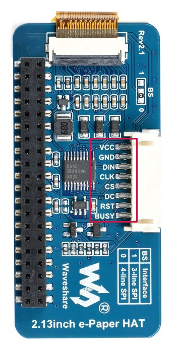 Back of the Waveshare 2.13inch e-Paper HAT showing the pin labels VCC GND DIN CLK CS DC RST BUSY next to the cable connector