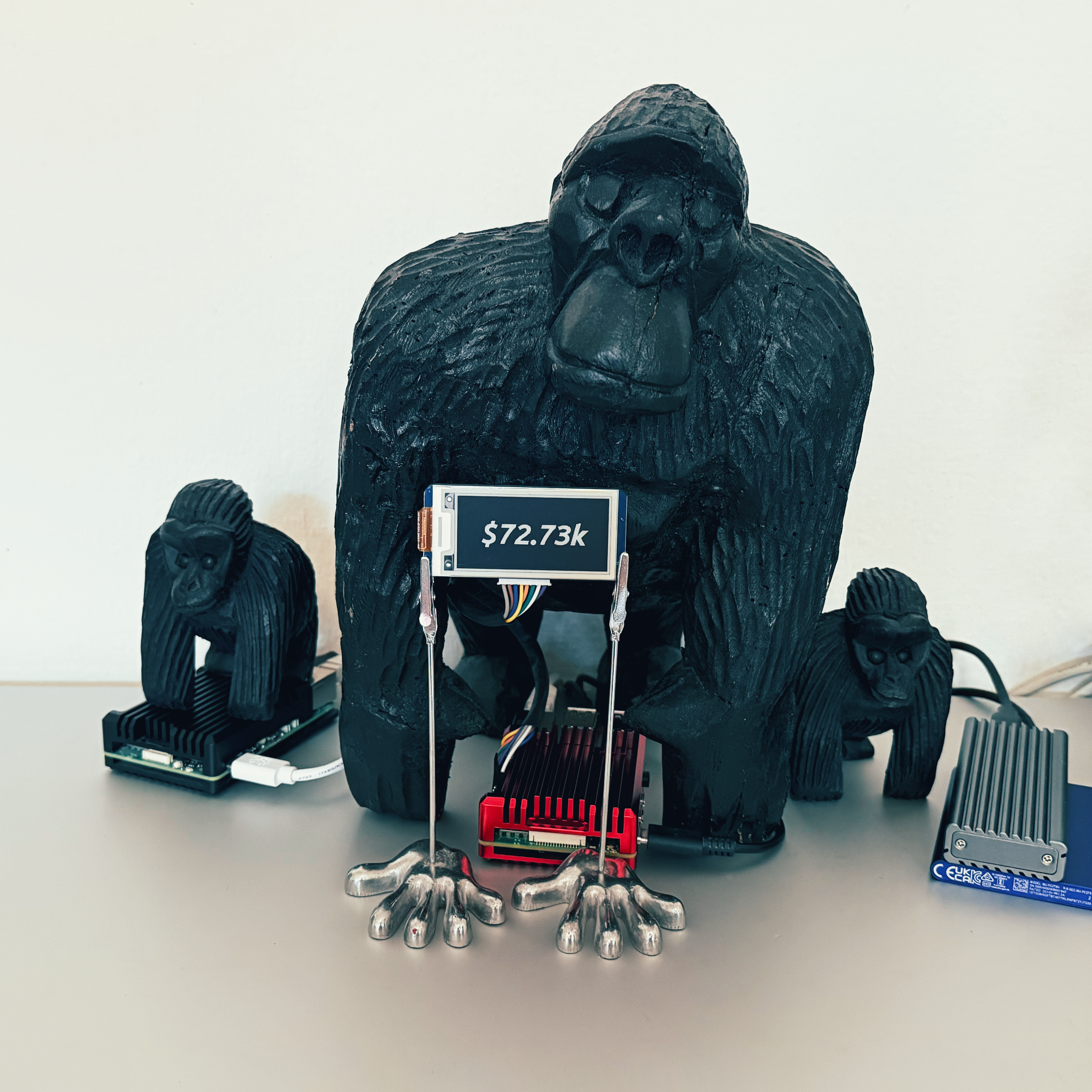 BTC ticker display showing $72.73k in front of gorilla sculpture