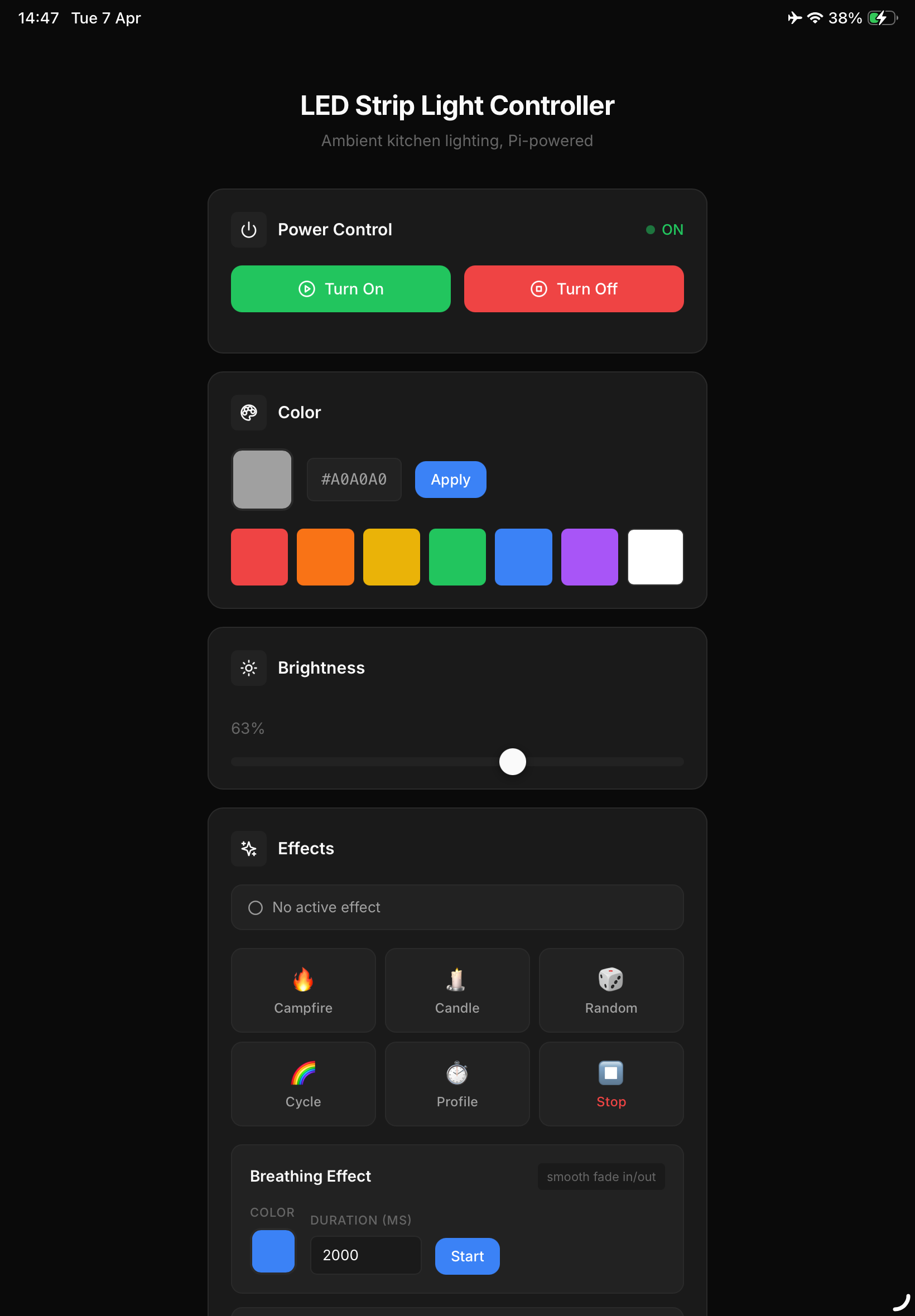 Flask web interface showing RGB color picker and effect controls
